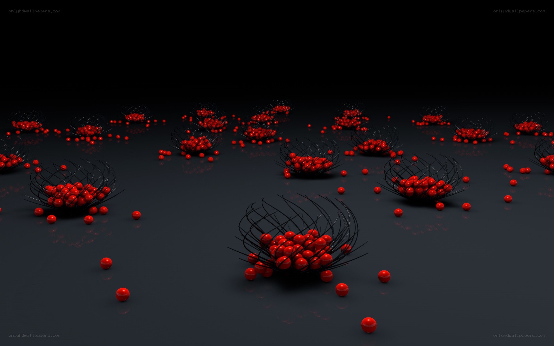 Red spheres in black cages