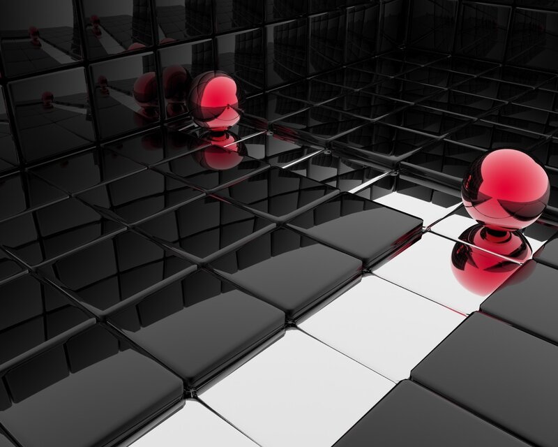 Red spheres on black tiles