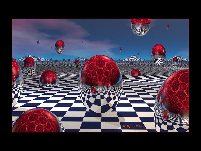 Red spheres on checkerboard