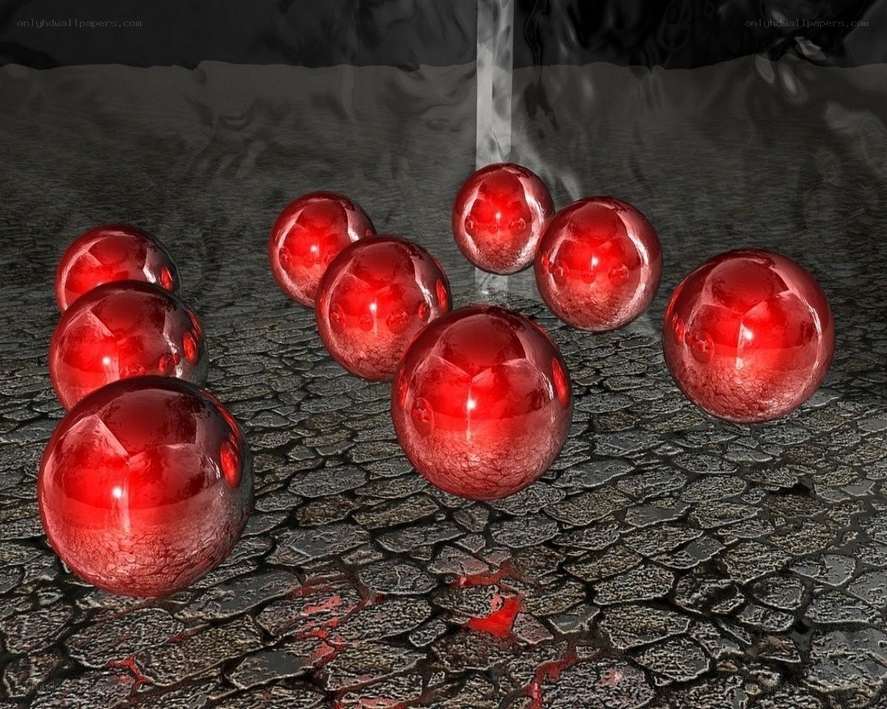 Red spheres on cracked surface