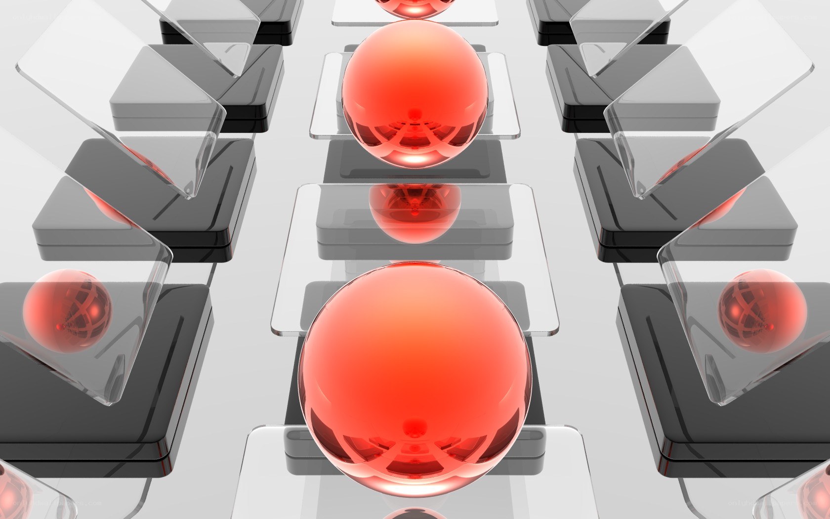 Red spheres on geometric platform