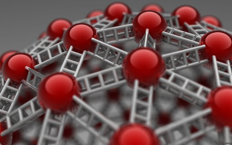 Red spheres on metal ladders