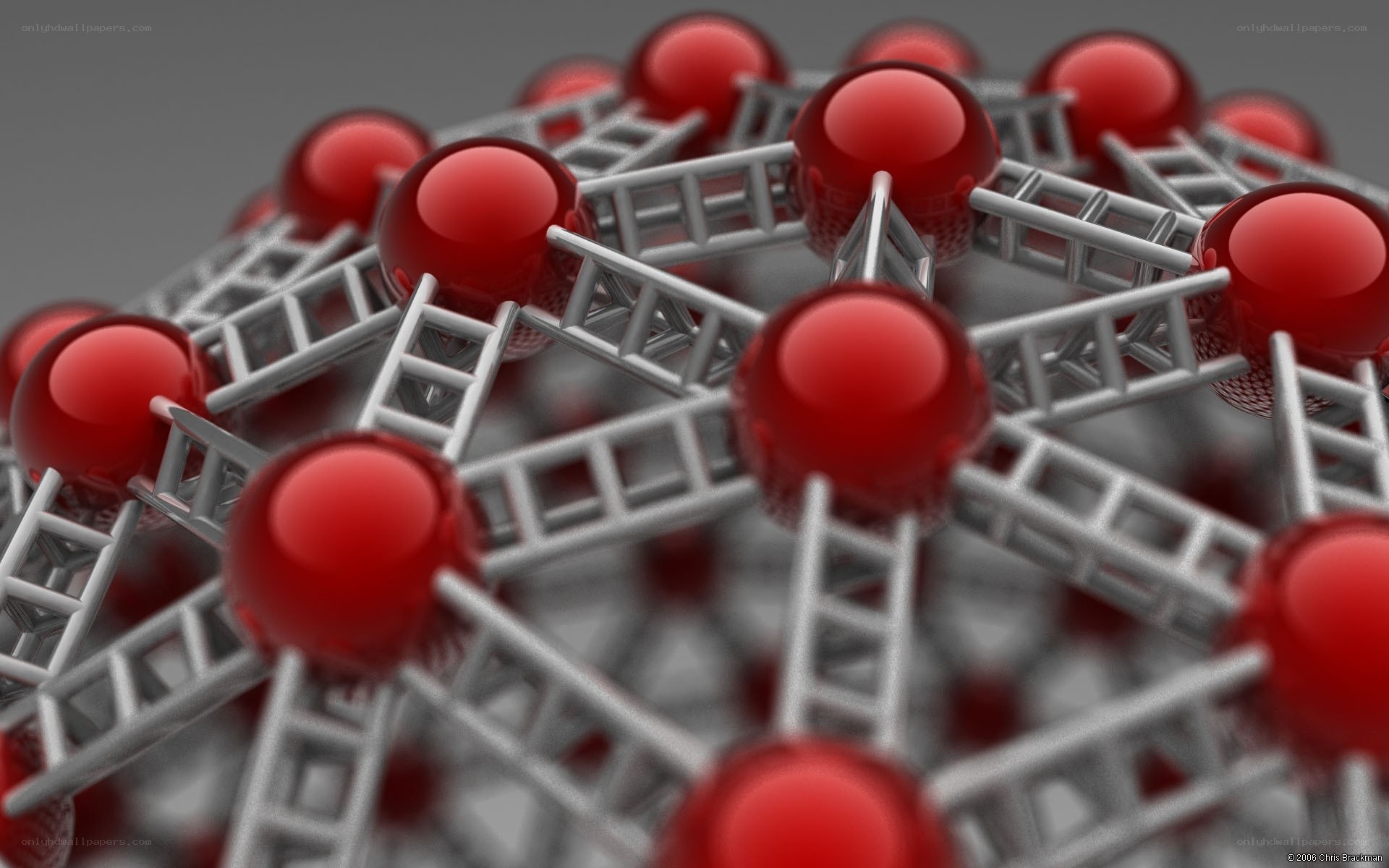 Red spheres on metal ladders