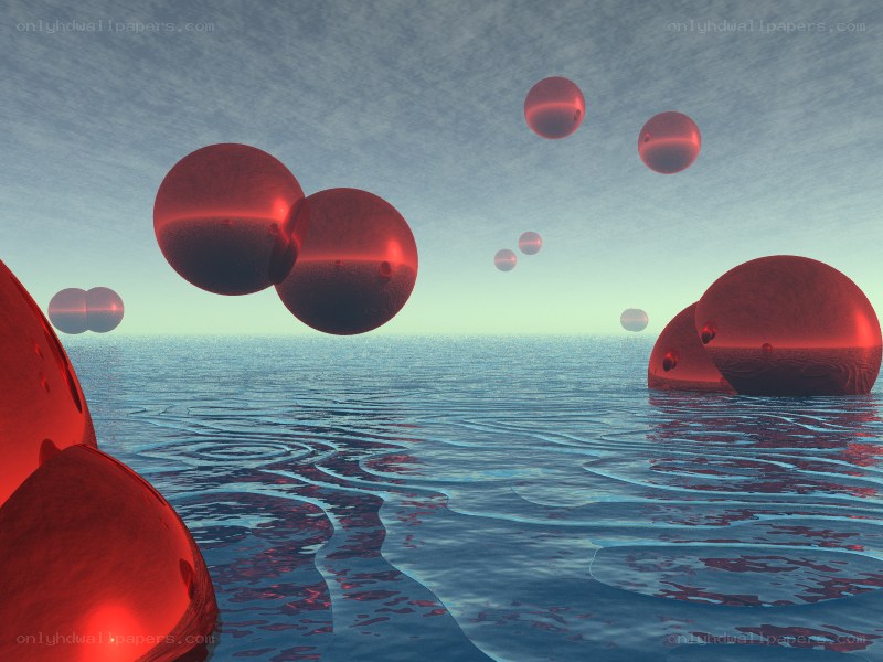 Red spheres over water