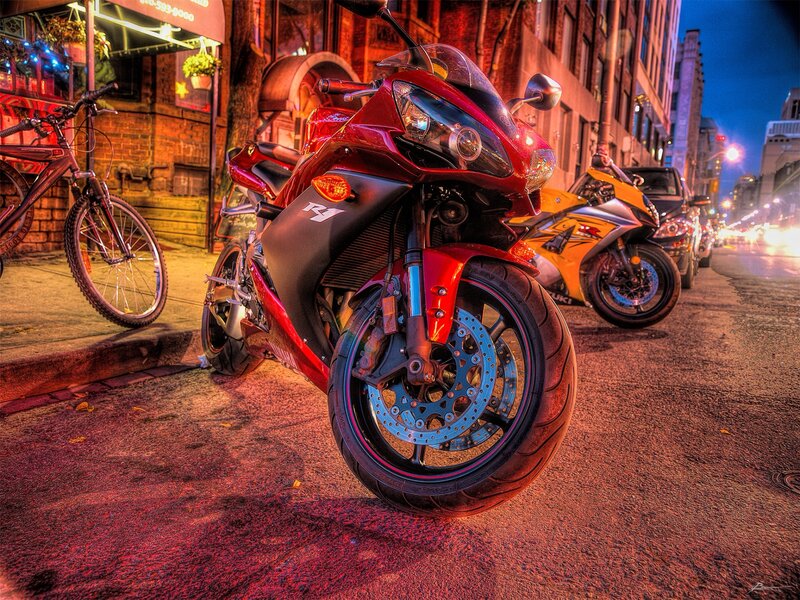 Red Sport Motorcycle — Dramatic, Night, Photograph, Bicycle