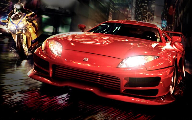 Red Sports Car and Motorcycle — Dramatic, Night