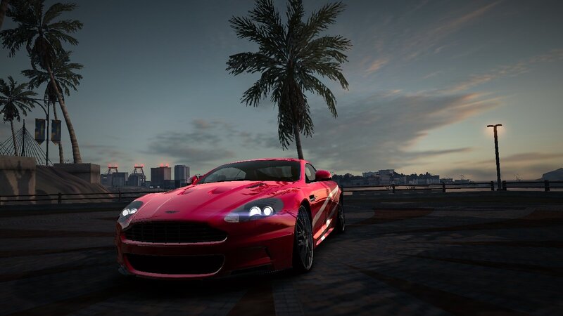 red sports car at dusk