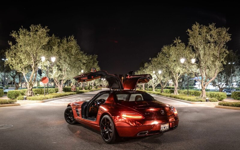 Red sports car at night