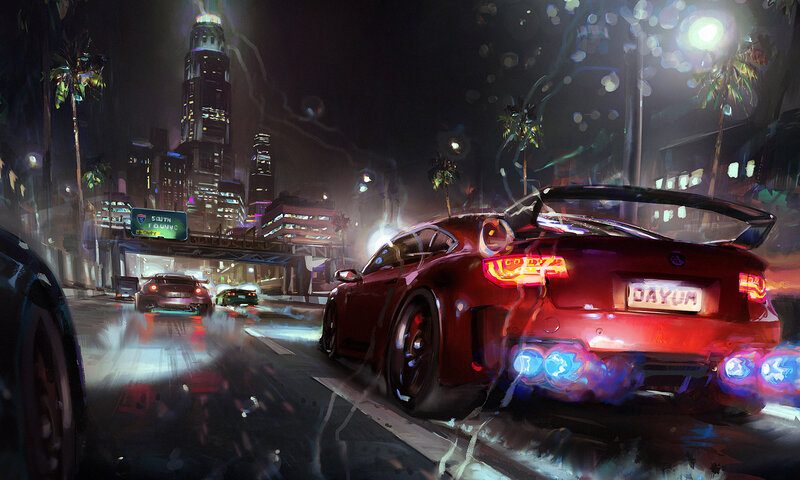 Red Sports Car at Night — Dramatic, Digital Art, City Street