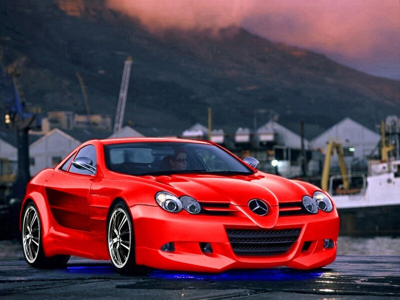 Red sports car at port