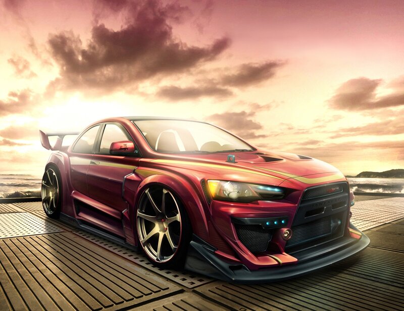 red sports car at sunset
