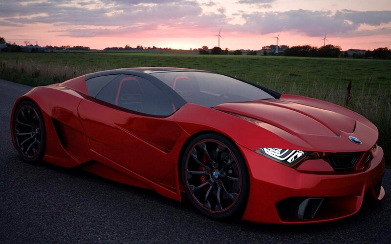 Red sports car at sunset