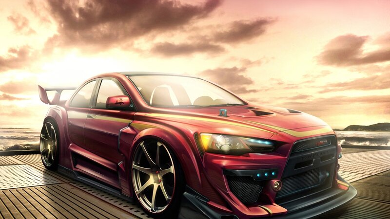 red sports car at sunset