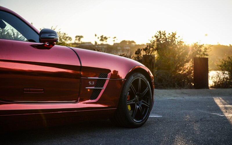 Red sports car at sunset