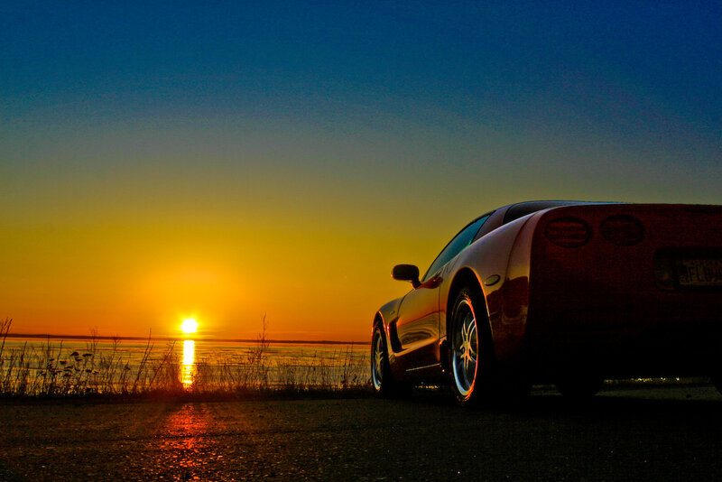 Red Sports Car at Sunset — Blue