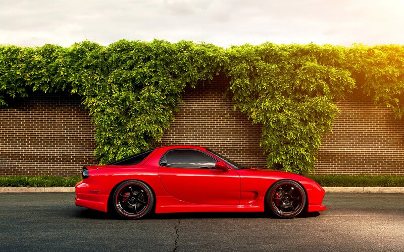 Red sports car by green wall