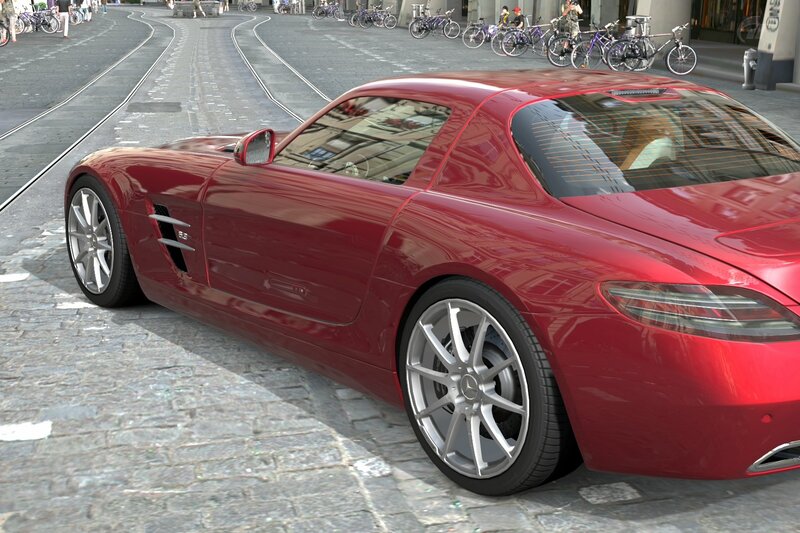 Red Sports Car — Calm, Afternoon, 3d Render, Bicycles