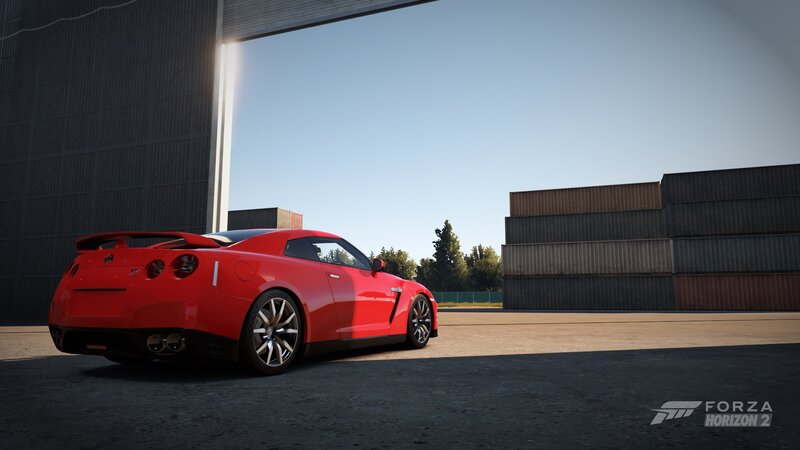 Red Sports Car — Calm, Afternoon, 3d Render, Building, Containers
