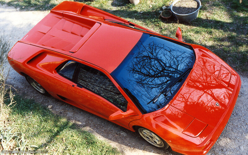 Red Sports Car — Calm, Afternoon, Photograph, Grass, Trees