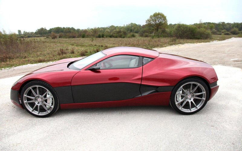 Red Sports Car — Calm, Afternoon, Photograph, Road, Field, Trees