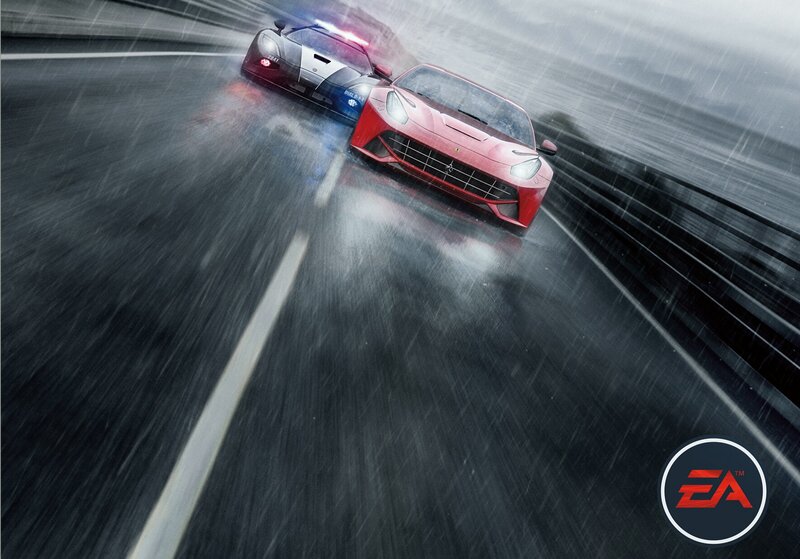 Red Sports Car Chase — Dramatic, Digital Art, Police Car, Rain