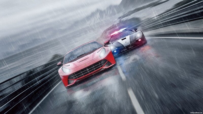 Red sports car chase in rain