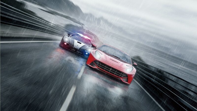 Red sports car chase in rain