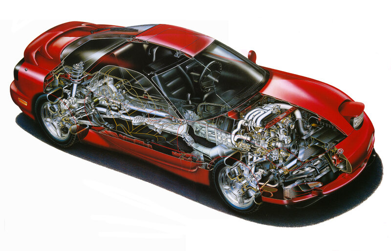 Red sports car cutaway diagram