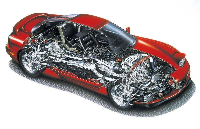 Red sports car cutaway diagram