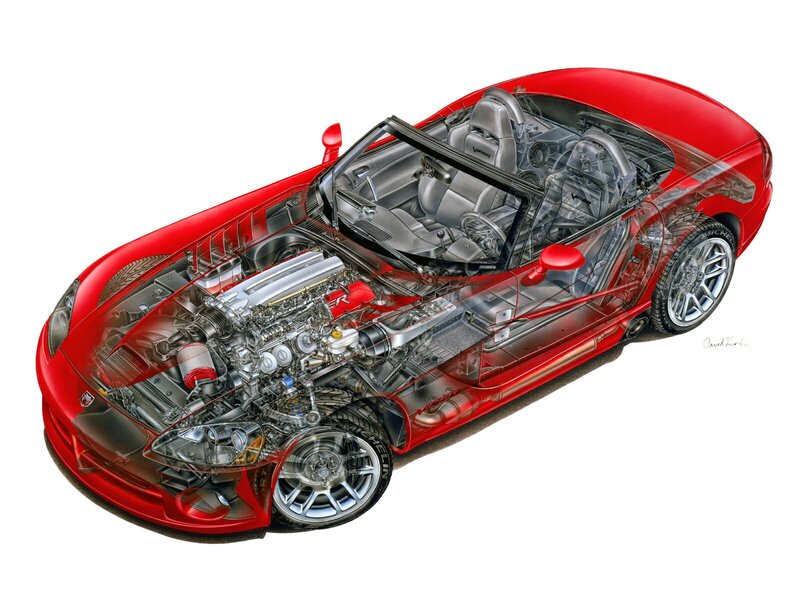 Red sports car cutaway diagram