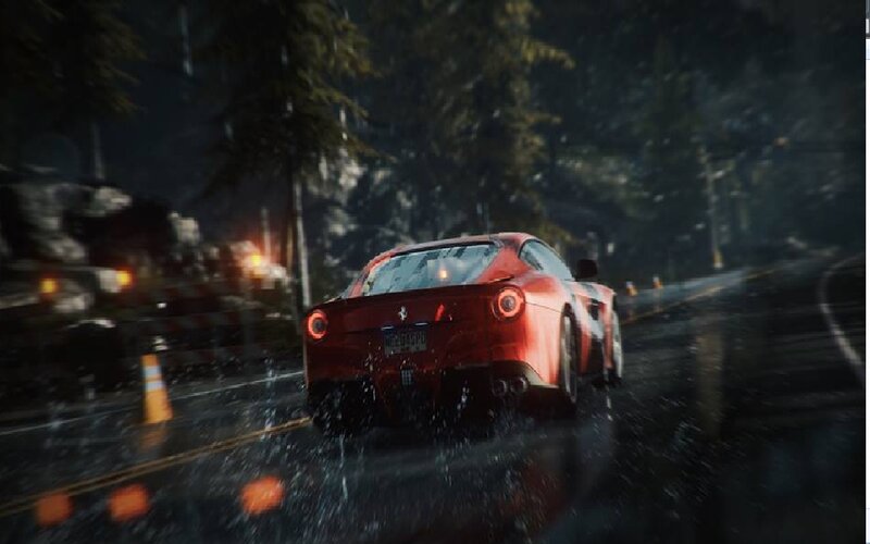 Red Sports Car — Dark, Rainy