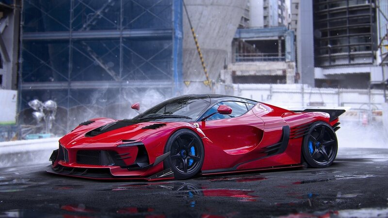 Red Sports Car — Dramatic, 3d Render, Building, Wet Ground