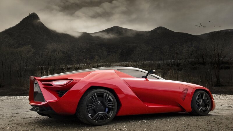 Red Sports Car — Dramatic, 3d Render, Mountains, Bridge