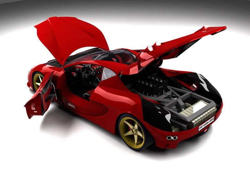 Red Sports Car — Dramatic, 3d Render, Open Doors