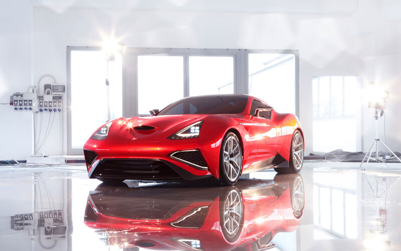 Red Sports Car — Dramatic, 3d Render, Studio Lights