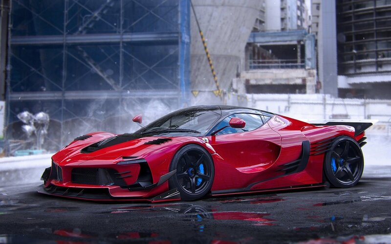 Red Sports Car — Dramatic, 3d Render, Wet Pavement