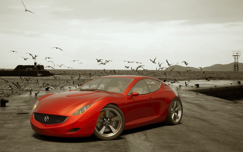 Red Sports Car — Dramatic, Afternoon, 3d Render, Seagulls