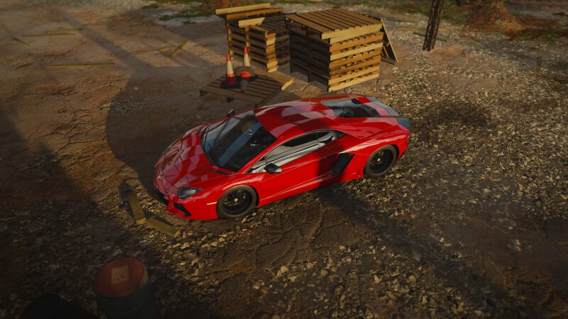 Red Sports Car — Dramatic, Afternoon, 3d Render, Wooden Pallets