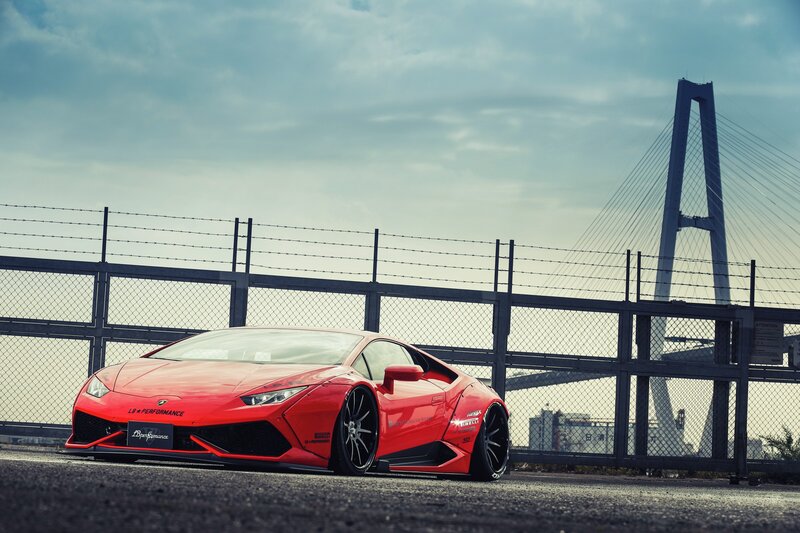Red Sports Car — Dramatic, Afternoon, Photograph, Bridge, Fence