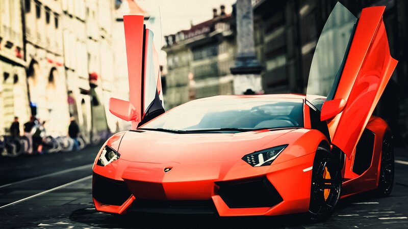 Red Sports Car — Dramatic, Afternoon, Photograph, Car Doors, City Street
