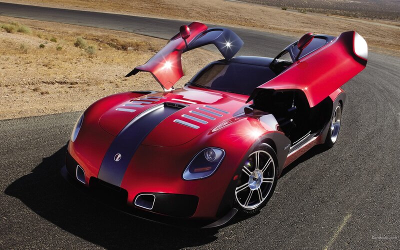 Red Sports Car — Dramatic, Afternoon, Photograph, Open Doors, Asphalt Road