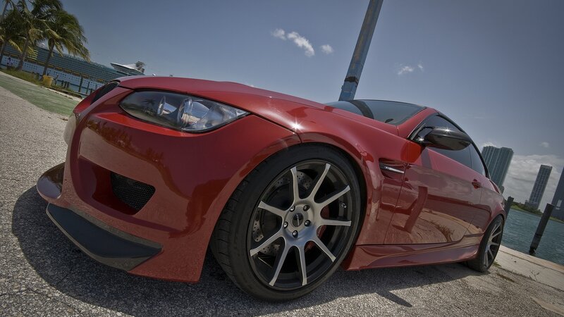 Red Sports Car — Dramatic, Afternoon, Photograph, Palm Trees, Cruise Ship