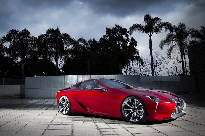 Red Sports Car — Dramatic, Afternoon, Photograph, Palm Trees, Wall, Sky
