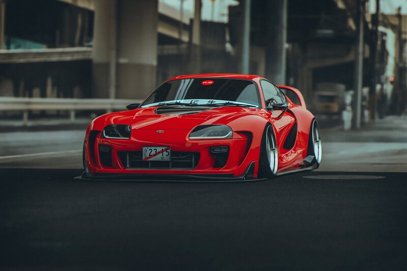 Red Sports Car — Dramatic, Afternoon, Photograph, Road, Building