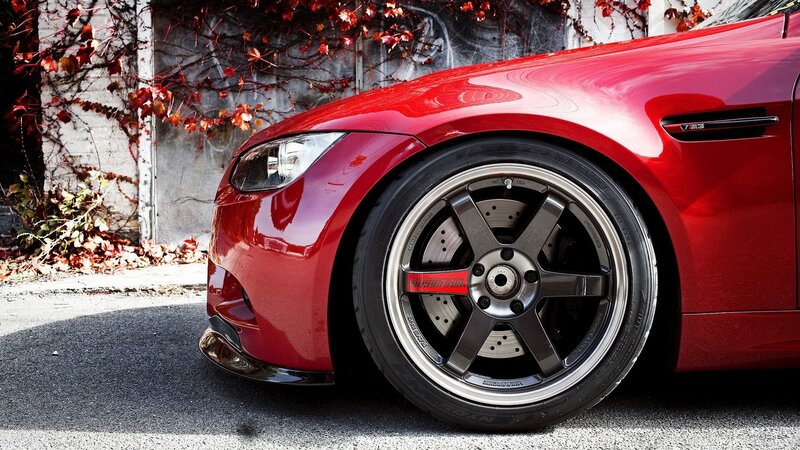 Red Sports Car — Dramatic, Autumn, Photograph, Car Wheel, Ivy, Wall, Black