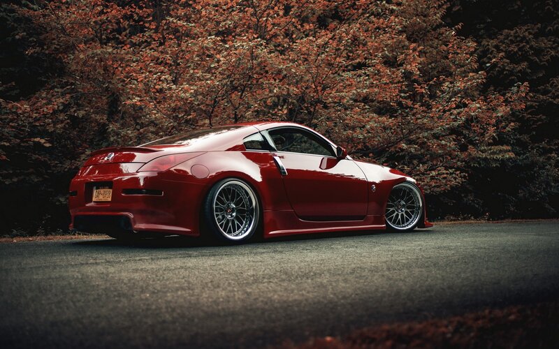Red Sports Car — Dramatic, Autumn, Photograph, Trees