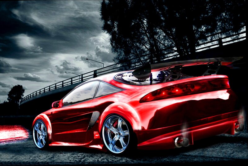 Red Sports Car — Dramatic, Digital Art, Bridge, Trees