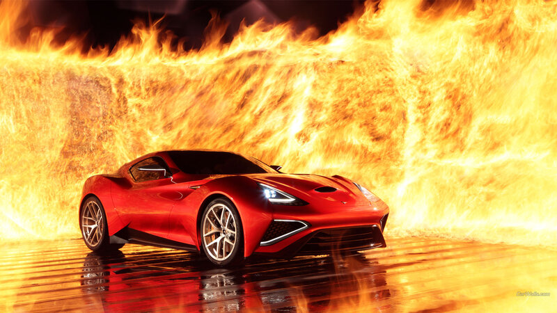 Red Sports Car — Dramatic, Digital Art, Fire