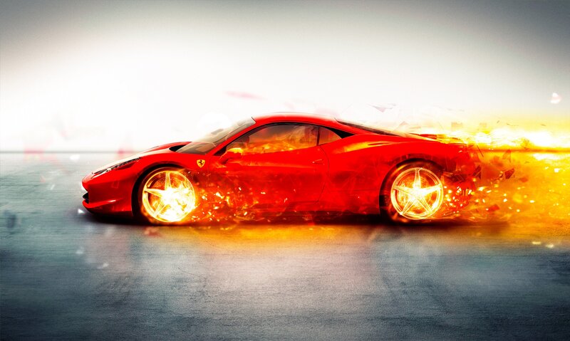 Red Sports Car — Dramatic, Digital Art, Fire, Wheels