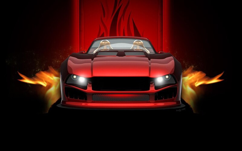 Red Sports Car — Dramatic, Digital Art, Flames, Fire, Headlights